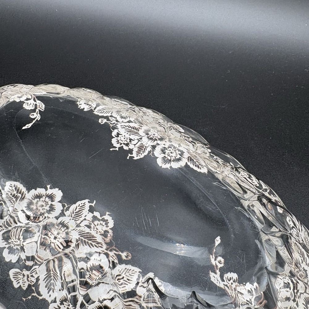 Set Silver City Glass Flanders Poppy Divided Relish & 11" Oval Dish Silver Leaf - Picture 12 of 14